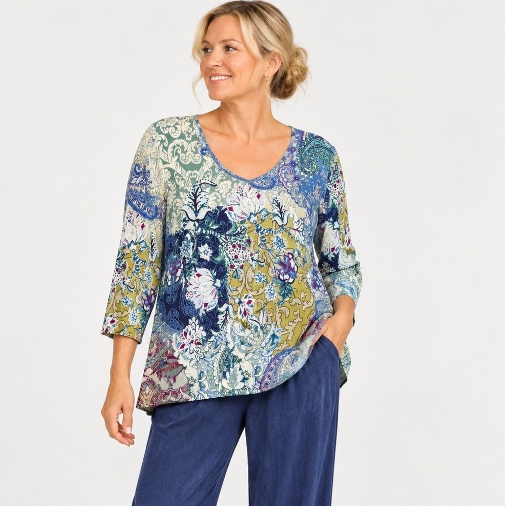 Chico's Women Tunic Top Size L Blue Paisley Floral Patchwork 3/4 Sleeve Shirt